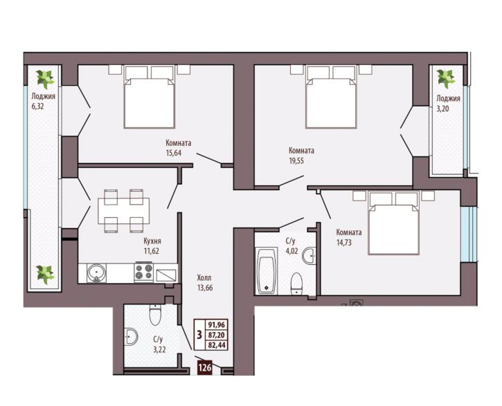 3-комн квартира в новом доме Иркутская улица, д.8