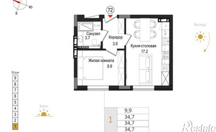 1-комн квартира в новом доме ЖК Теодор Кроне