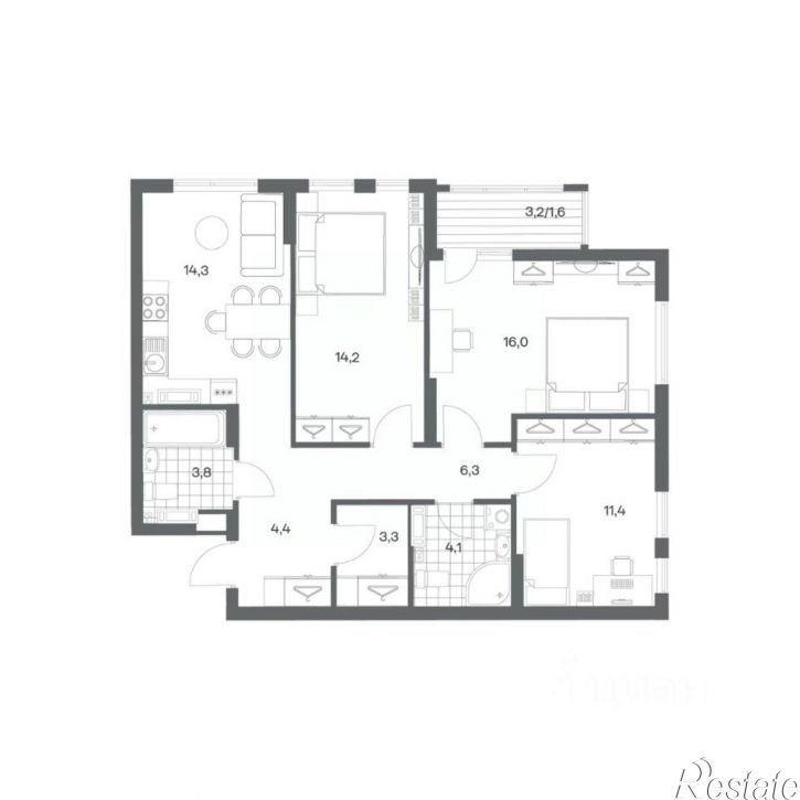 3-комн квартира в новом доме ул Ю.Гагарина, 30,  д. 30