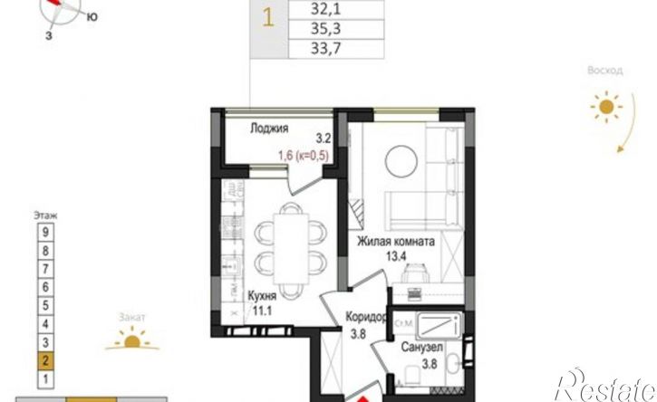 1-комн квартира в новом доме ЖК Теодор Кроне