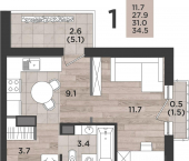 1-комн, 31 кв м, этаж 12/14 ул Миргородская, 2