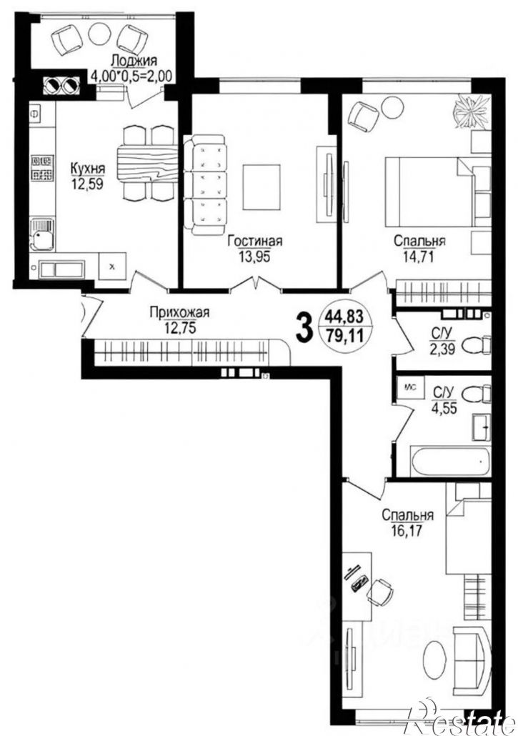 3-комн квартира Крымский пр-д, 2,  д. 2