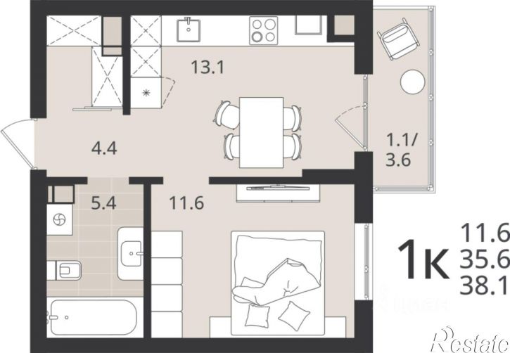 1-комн квартира в новом доме улица Александра Невского, 7Б,  д. 7Б