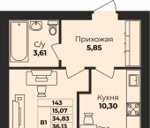 1-комн, 36 кв м, этаж 7/9 ЖК Борисовский Бульвар, к8