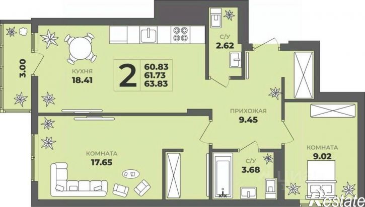 2-комн квартира в новом доме ул Генерала Толстикова, 36 2,  д. 36 2,  к. 2