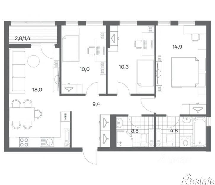 3-комн квартира в новом доме ул Ю.Гагарина, 30,  д. 30