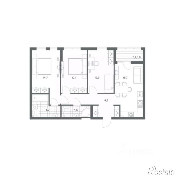 3-комн квартира в новом доме ул Ю.Гагарина, 30,  д. 30