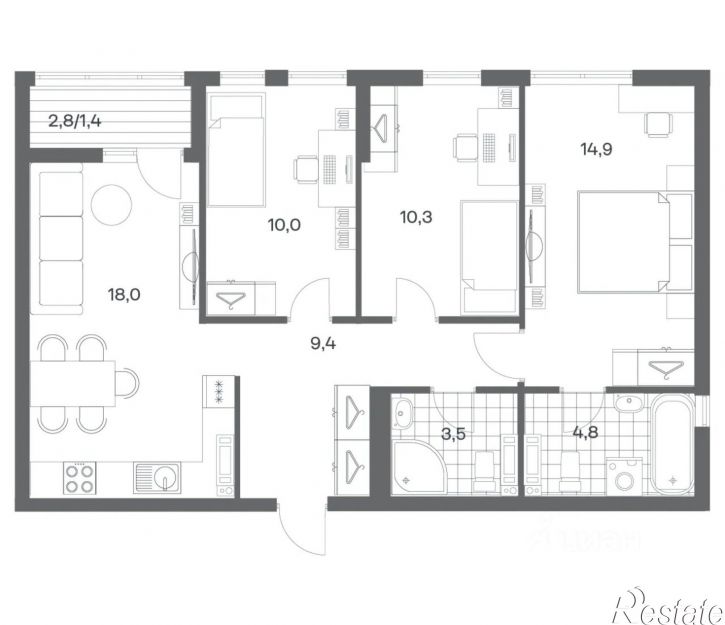 3-комн квартира в новом доме ул Ю.Гагарина, 30,  д. 30