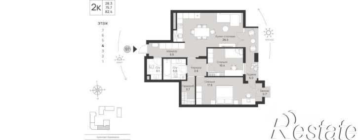 2-комн квартира проспект Калинина, 113А,  д. 113А